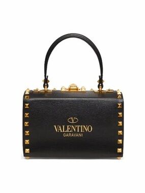 Valentino Garavani Alcove Box Black Leather Top-Handle Satchel with Gold Studs